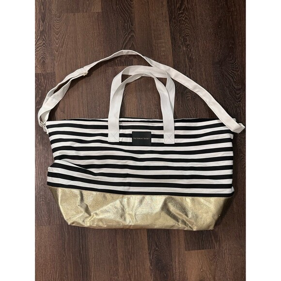 Victorias Secret Signature Lg Striped Foil Weekender Getaway Duffle Bag Tote - Picture 6 of 9